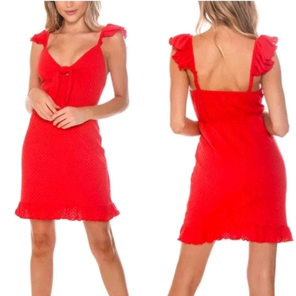 MINKPINK Laurel Tomato Red Eyelet Sleeveless V-neck Tie Front Mini Dress Size SM - Picture 16 of 16